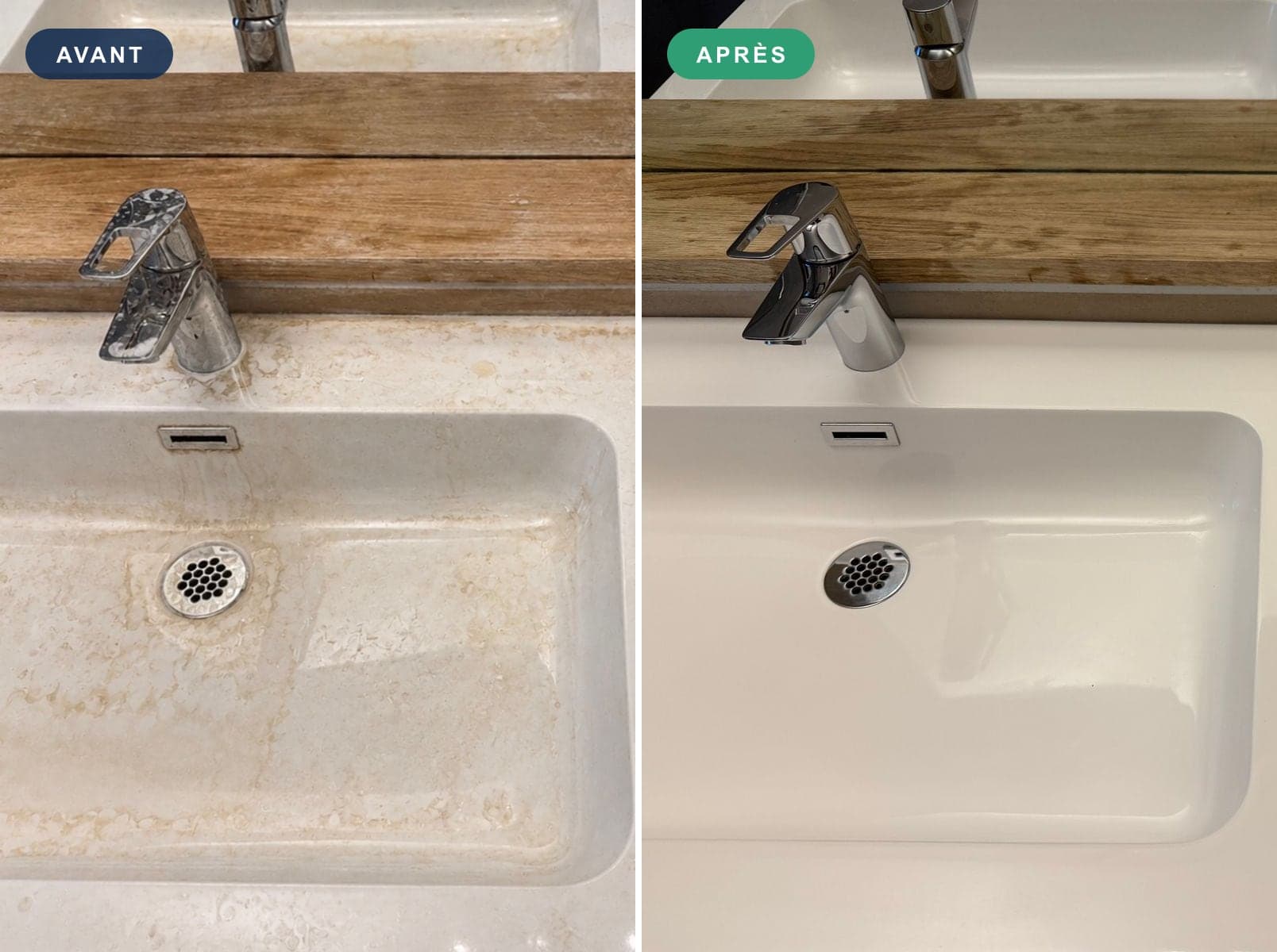 Avant et après notre passage sur la même vasque : calcaire au pied du mitigeur et dépôts au fond, puis vasque blanche et robinet chromé sans trace